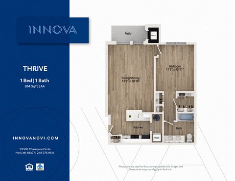 Floor plan for 1 bed, 1 bath, 814 sqft